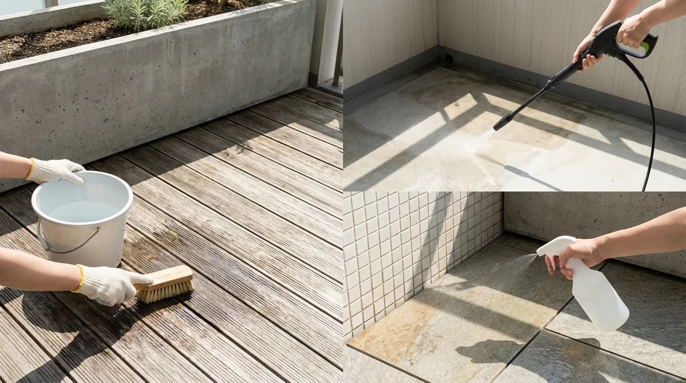 Rengöra balkong och uteplats — metoder för betong, trä och kakel