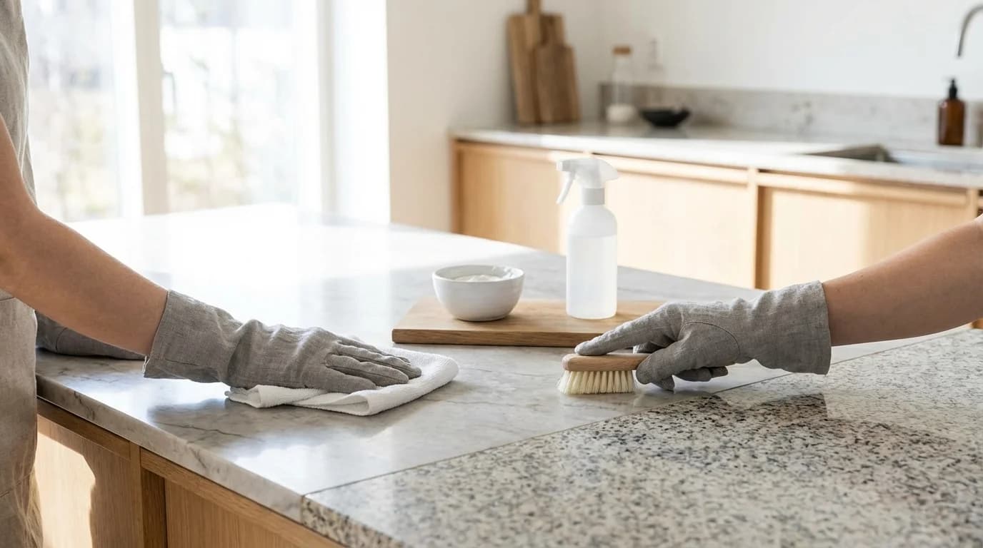 Rengöra stenskiva kök — så sköter du granit, marmor och kvarts rätt