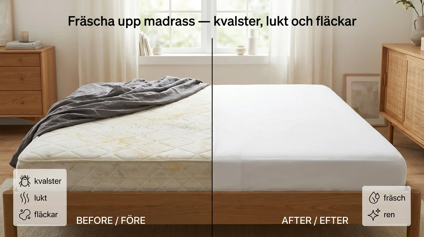 Före och efter — Fräscha upp madrass — kvalster, lukt och fläckar