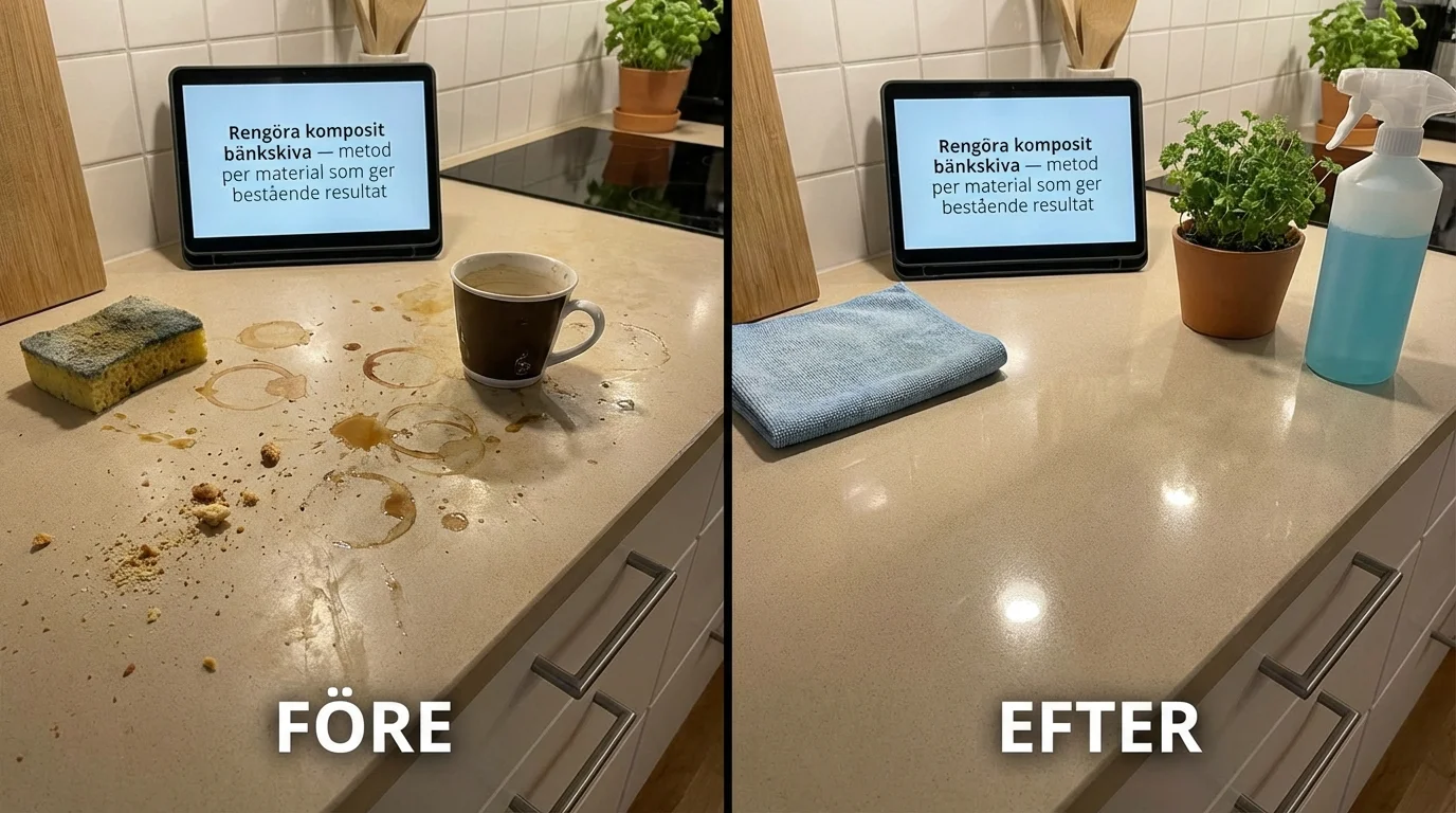 Före och efter — Rengöra komposit bänkskiva — metod per material som ger bestående resultat