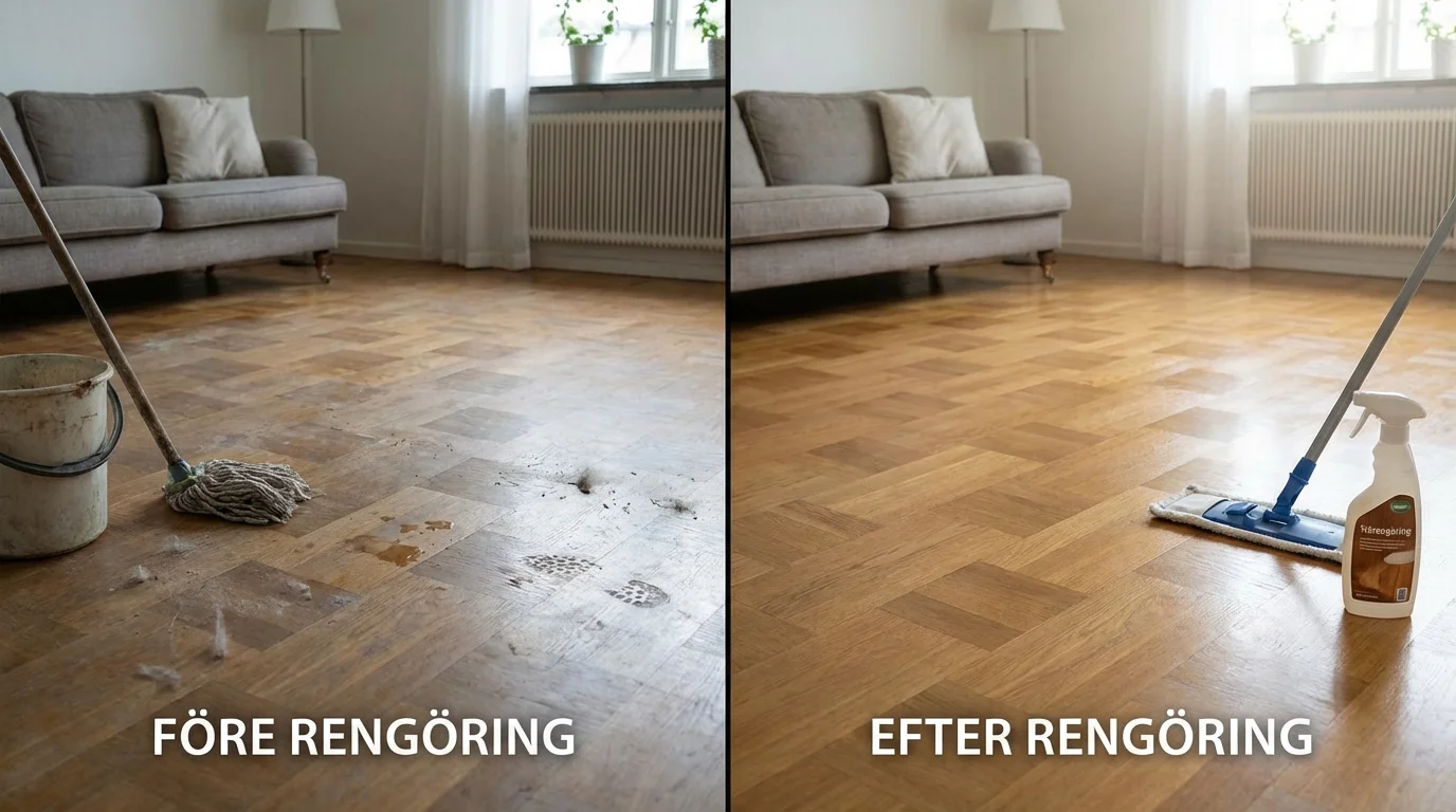 Före och efter — Rengöra parkett utan att skada — så gör du det rätt