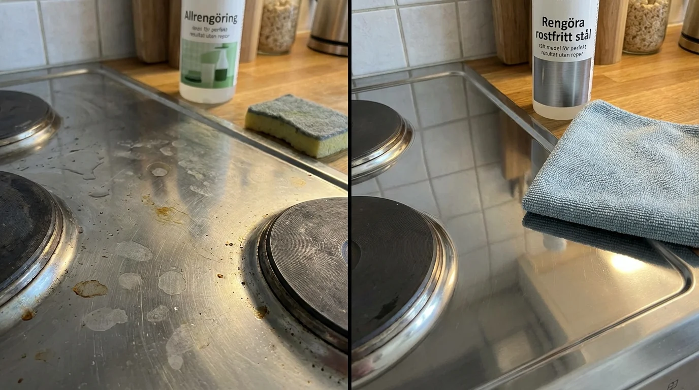Före och efter — Rengöra rostfritt stål — rätt medel för perfekt resultat utan repor