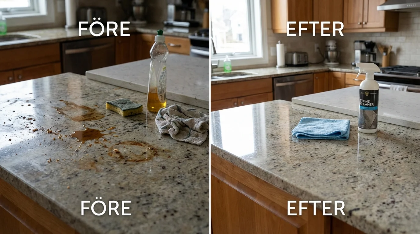 Före och efter — Rengöra stenskiva kök — så sköter du granit, marmor och kvarts rätt