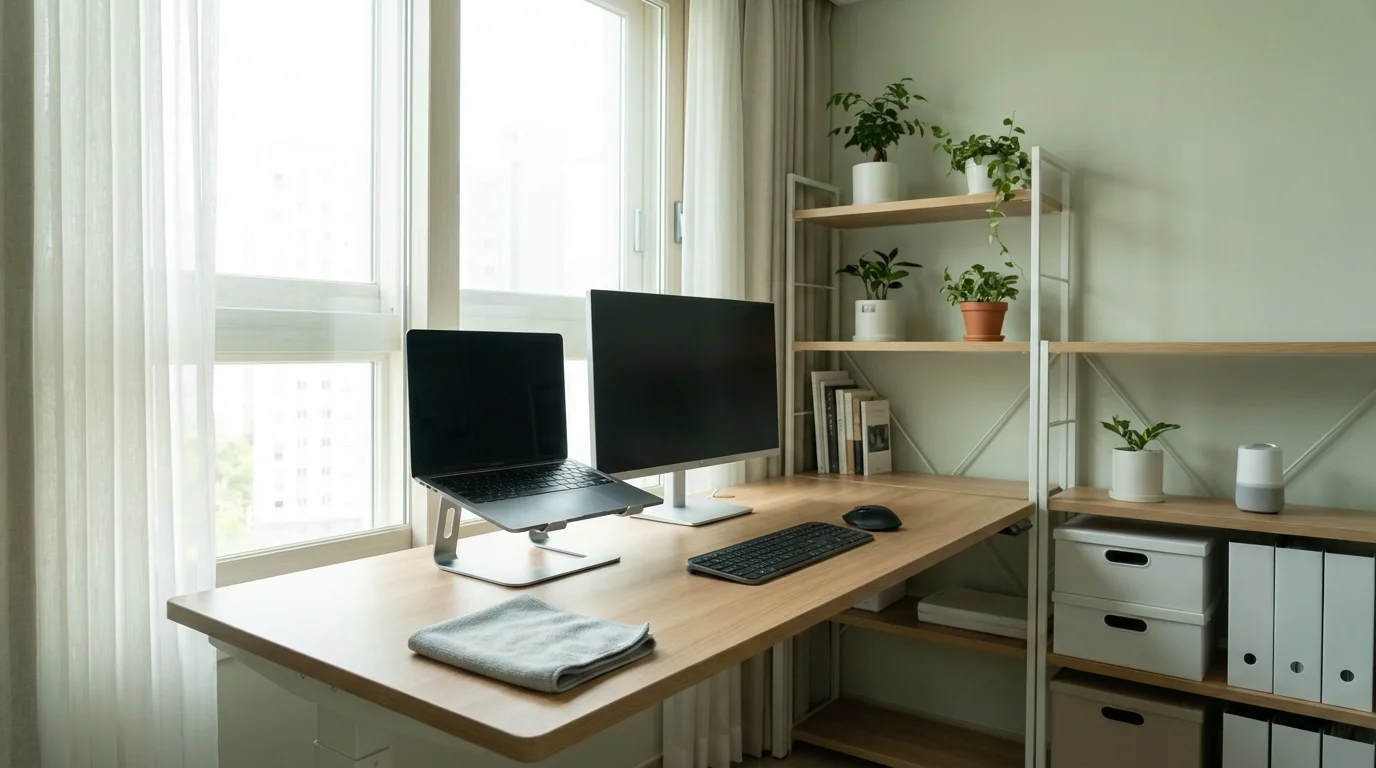 Organiserat hemmakontor med ren skrivbordsyta och bra kabelhantering