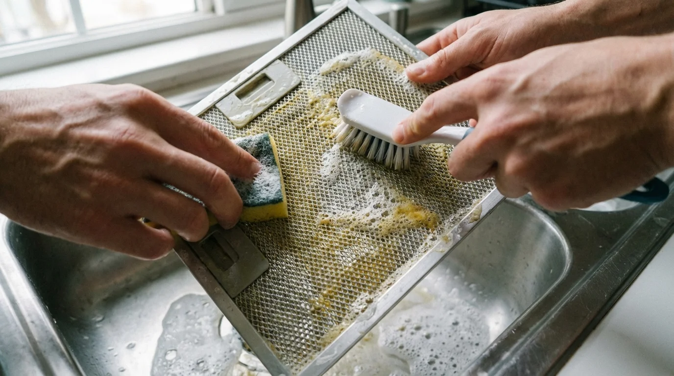 Rengöring av köksfläktens metallfilter i diskho